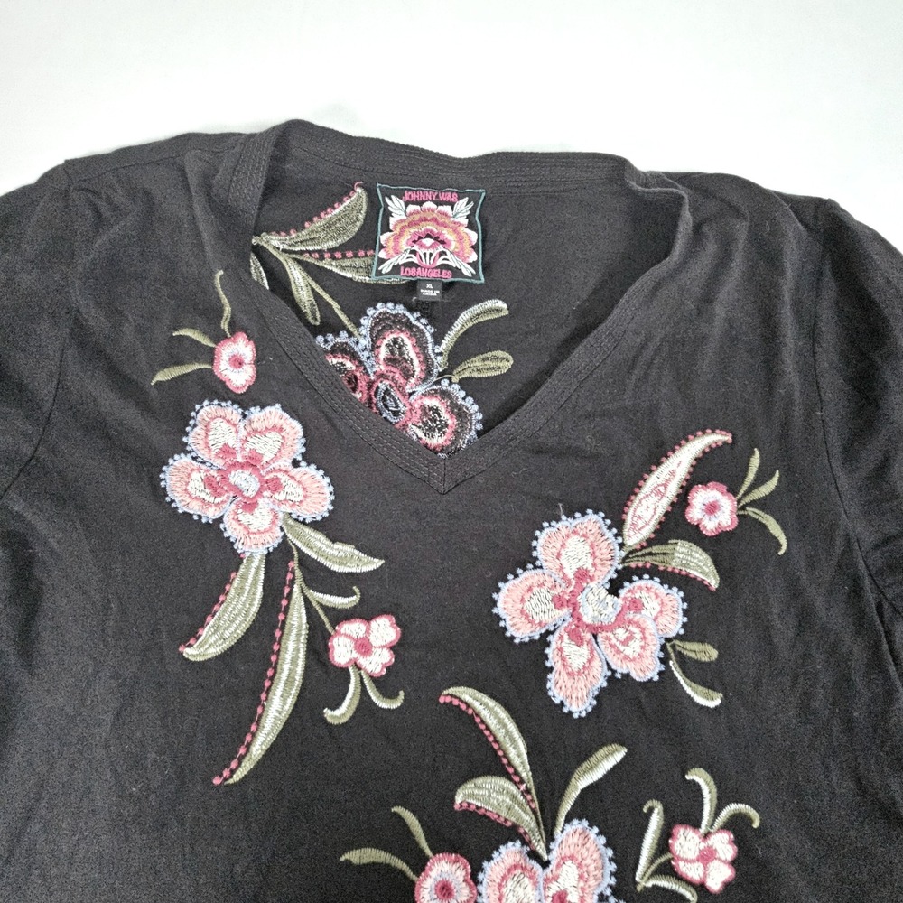 Johnny Was Los Angeles Black Floral Embroidered V-Neck Maxi Dress XL Boho 48in - Picture 2 of 10